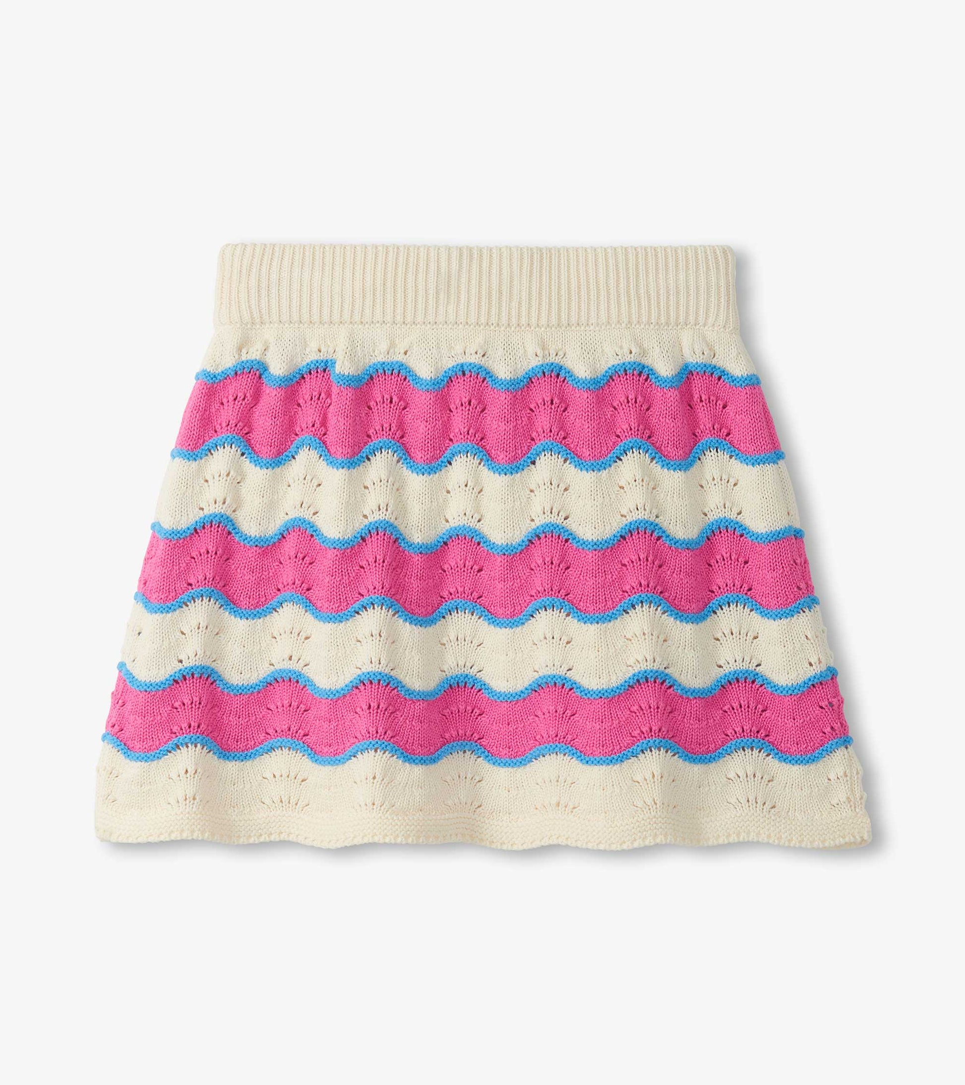 Girls cream knit skirt with pink and blue scalloped stripes, front view