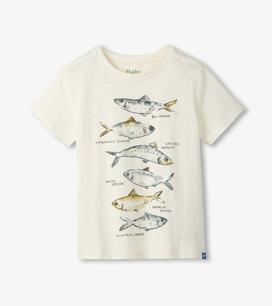 Cream short-sleeve boys T-shirt with fish illustrations and labeled sardine types on the front