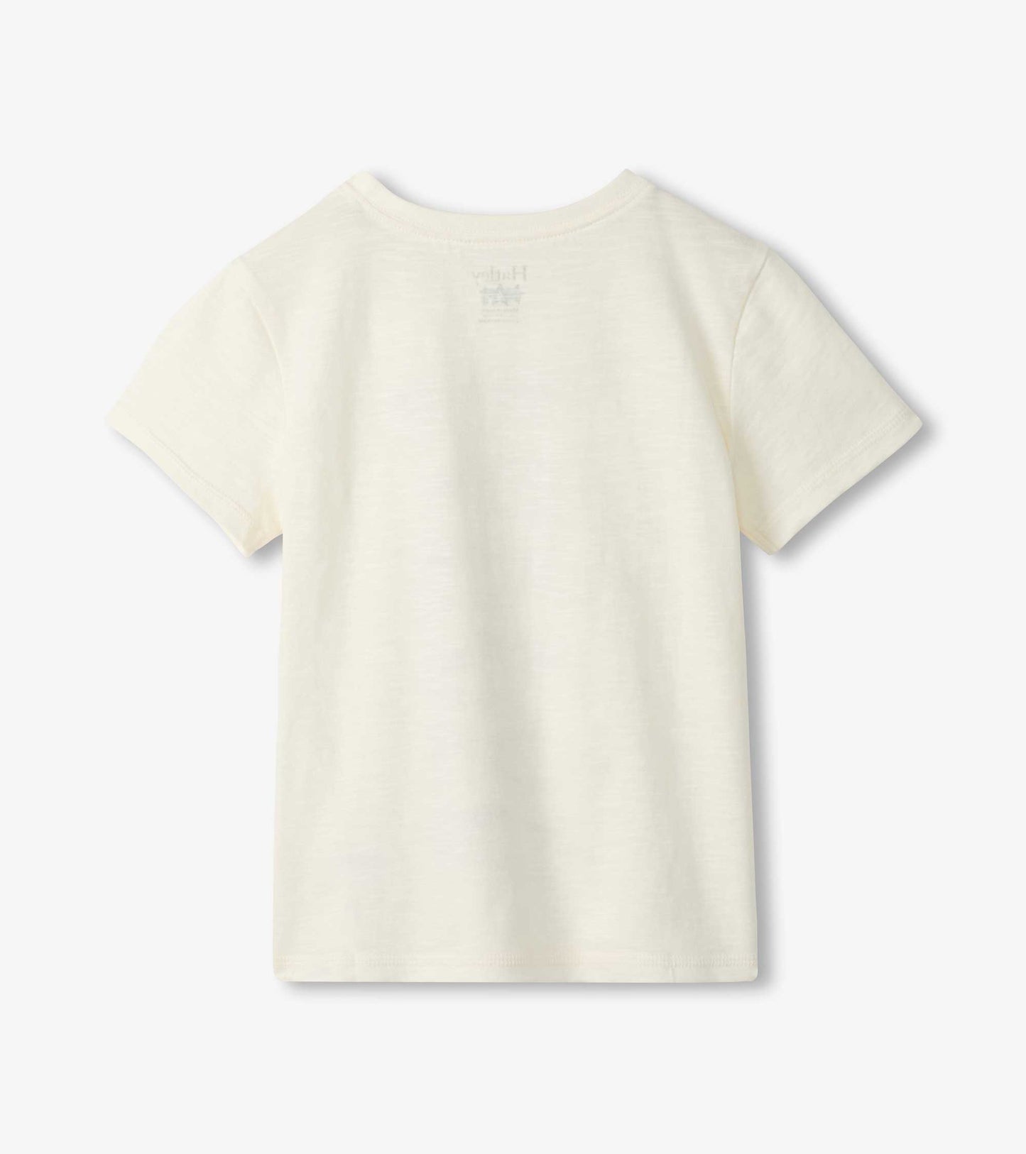 Cream short-sleeve boys T-shirt, back view, with subtle fish graphic on the upper back