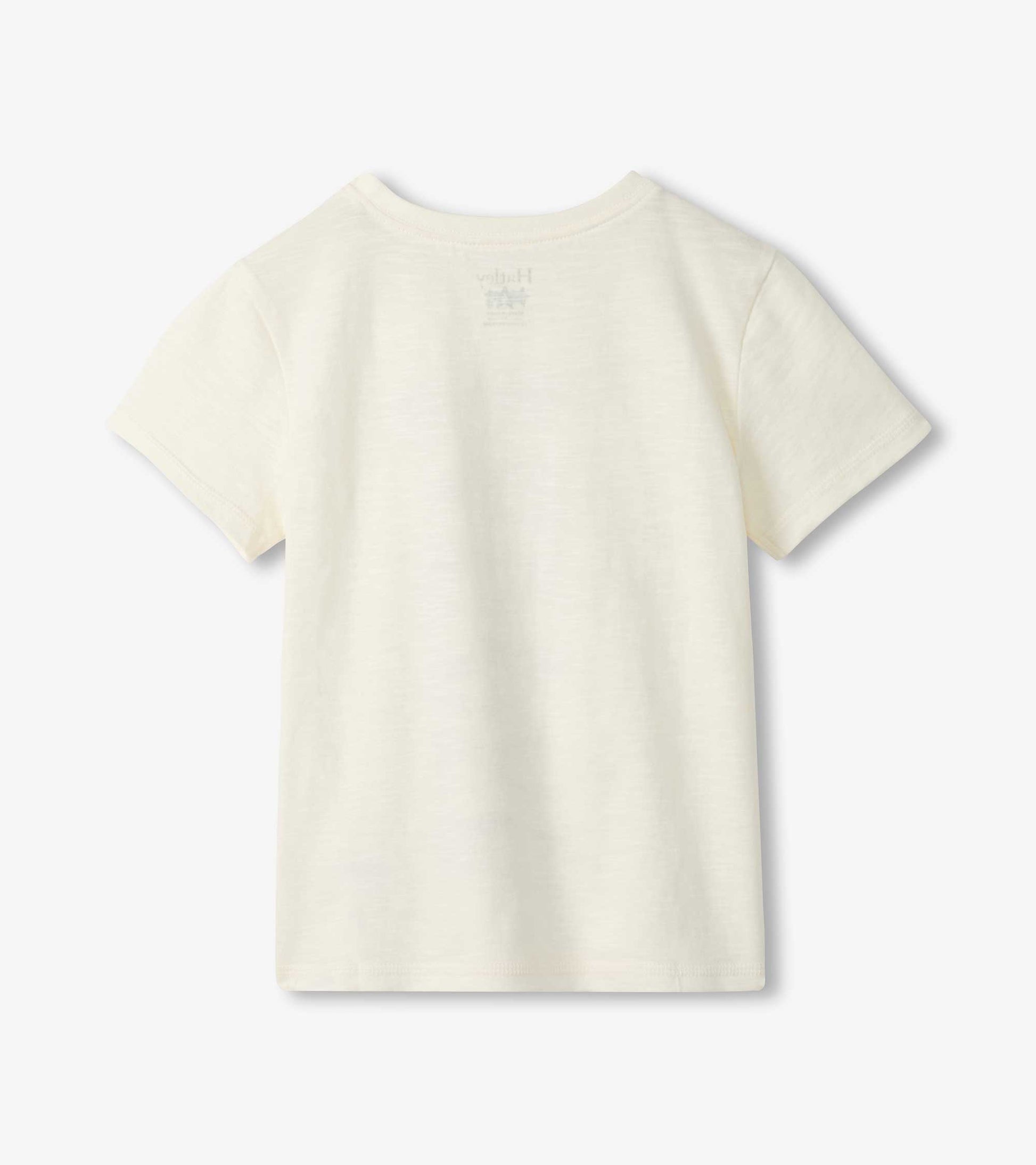 Cream short-sleeve boys T-shirt, back view, with subtle fish graphic on the upper back