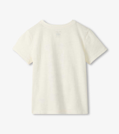 Cream short-sleeve boys T-shirt, back view, with subtle fish graphic on the upper back