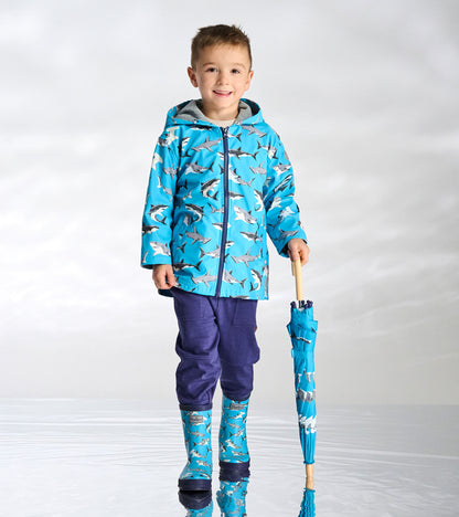 Boys Colour Changing Shark Party Zip-Up Rain Jacket