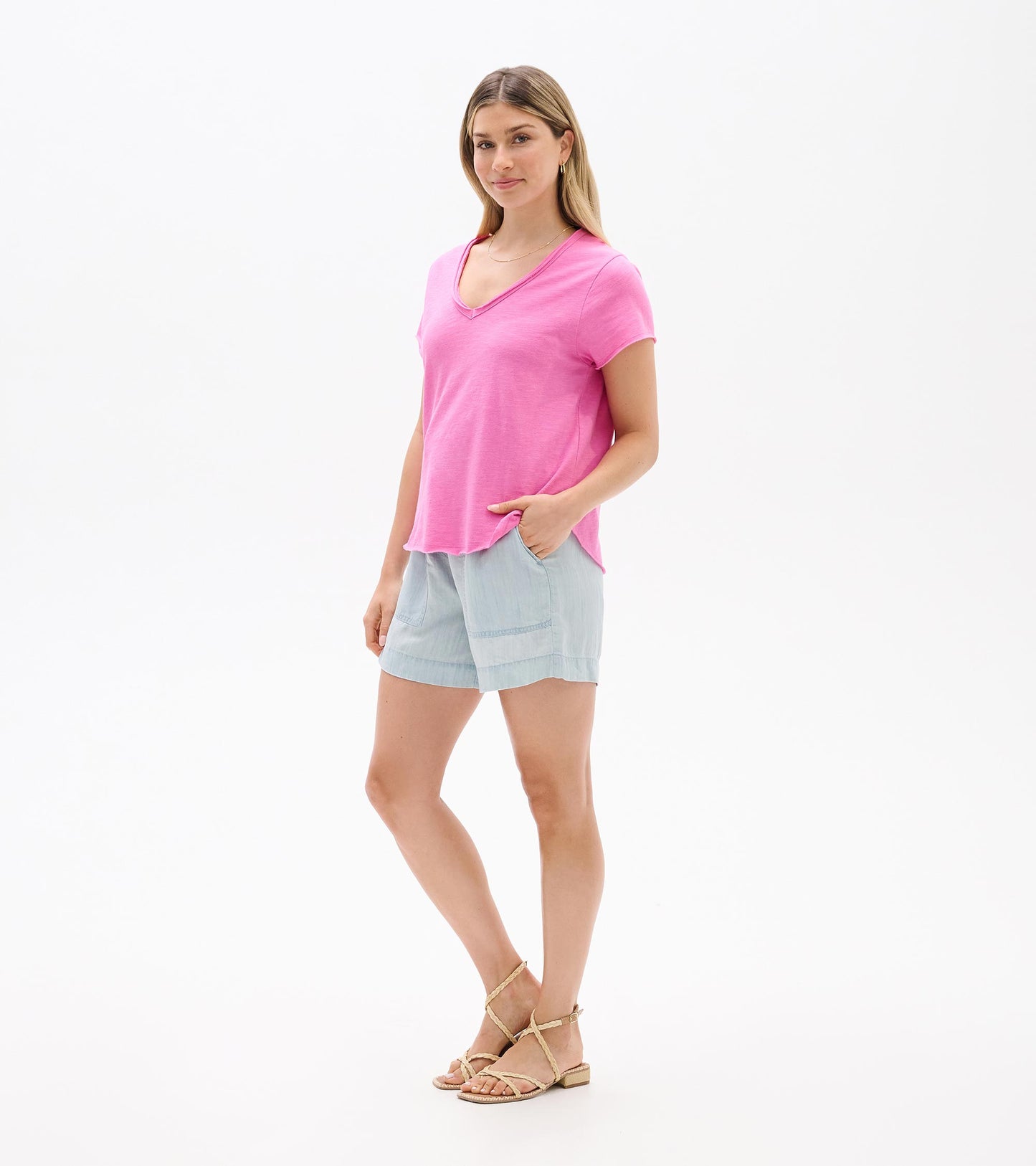 Sadie V-Neck Tee - Super Pink