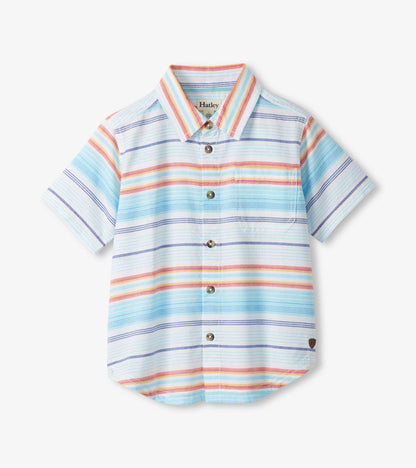 Short-sleeve boys button-down shirt with pastel multicolor horizontal stripes and chest pocket, front view