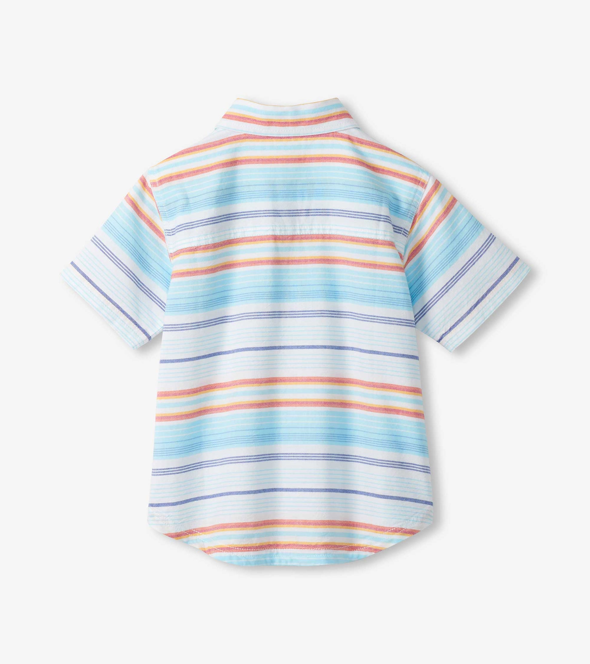 Back view of a short-sleeve button-down shirt with pastel horizontal stripes in blue, pink, yellow, and white