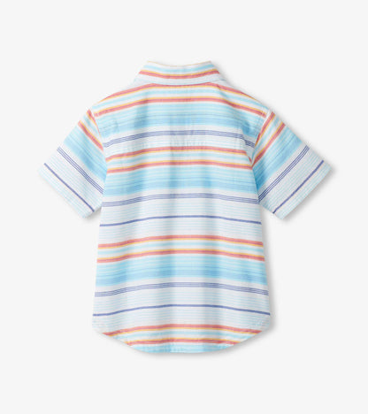 Back view of a short-sleeve button-down shirt with pastel horizontal stripes in blue, pink, yellow, and white