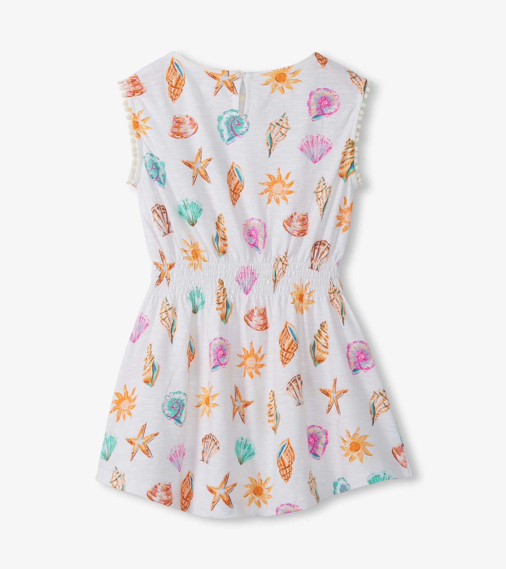 Sleeveless white girls dress with colorful seashell and starfish print and smocked waist, front view