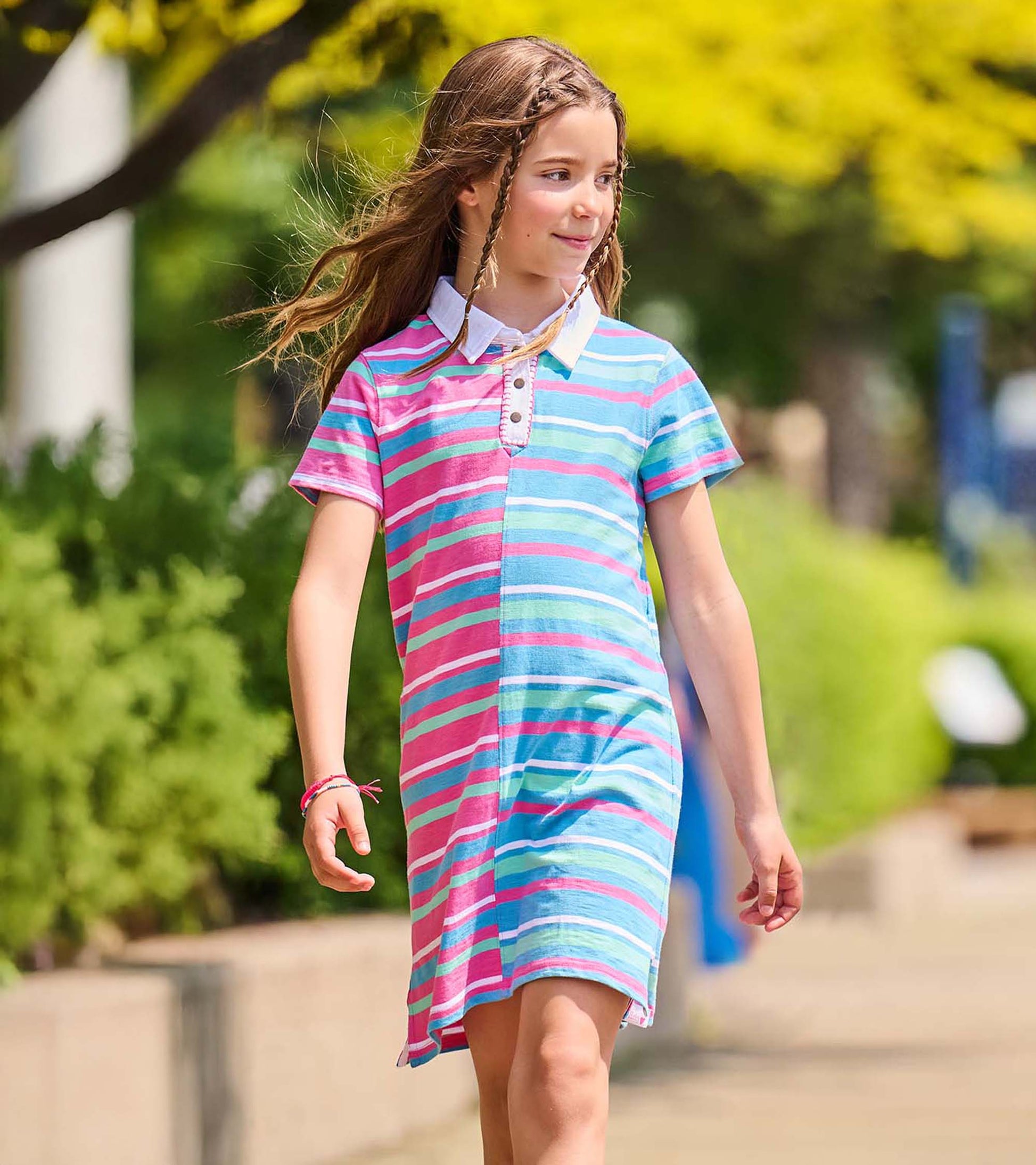 blue and pink striped dress Girls Mixed Stripes Cotton Polo Dress