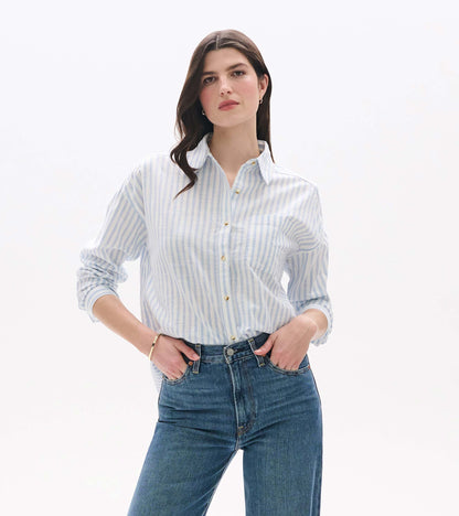 Front view of relaxed blue and white striped button-down shirt with collar and chest pocket