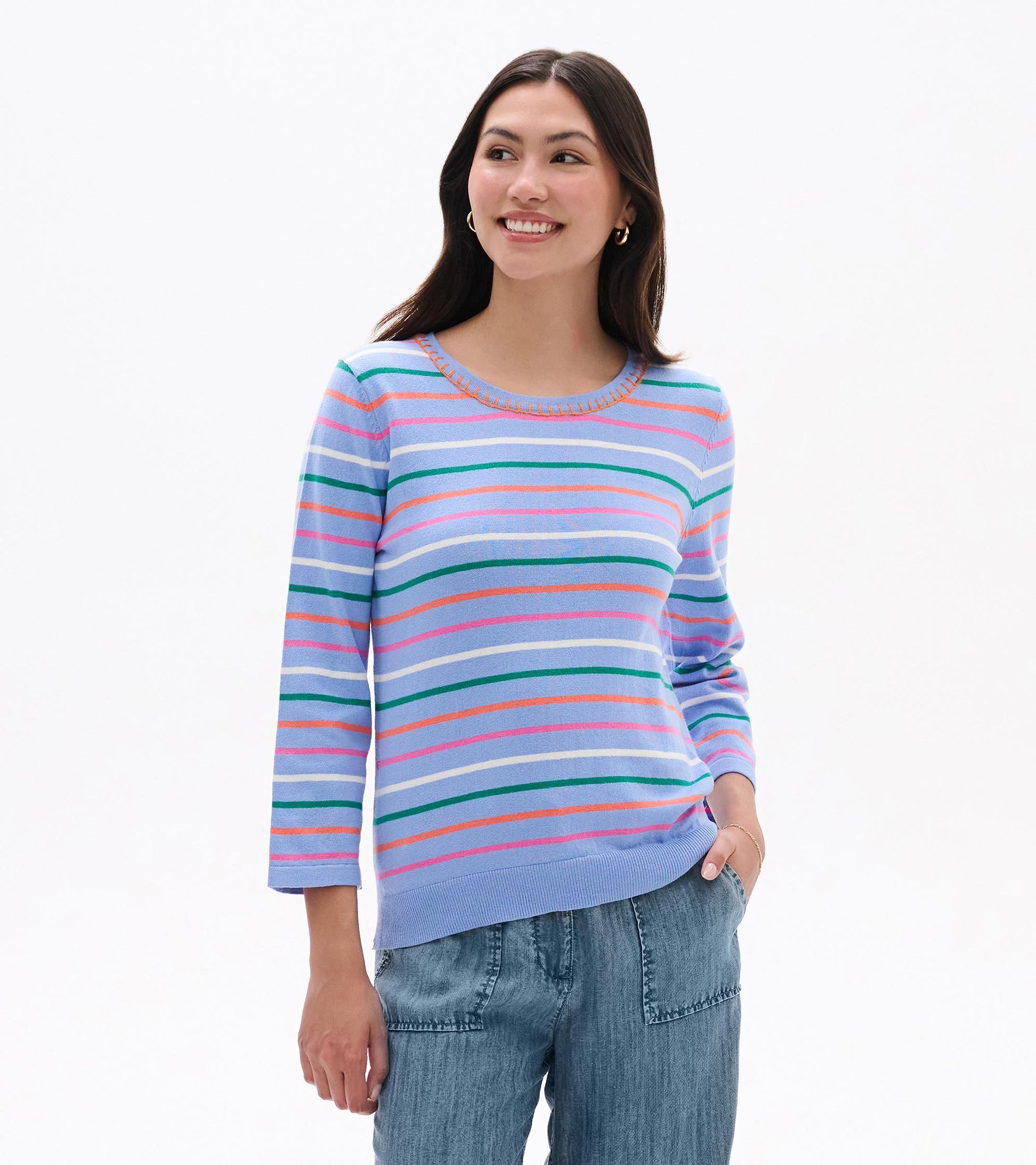 Woman wearing a light blue striped knit top with 3/4 sleeves and a round neckline, front view