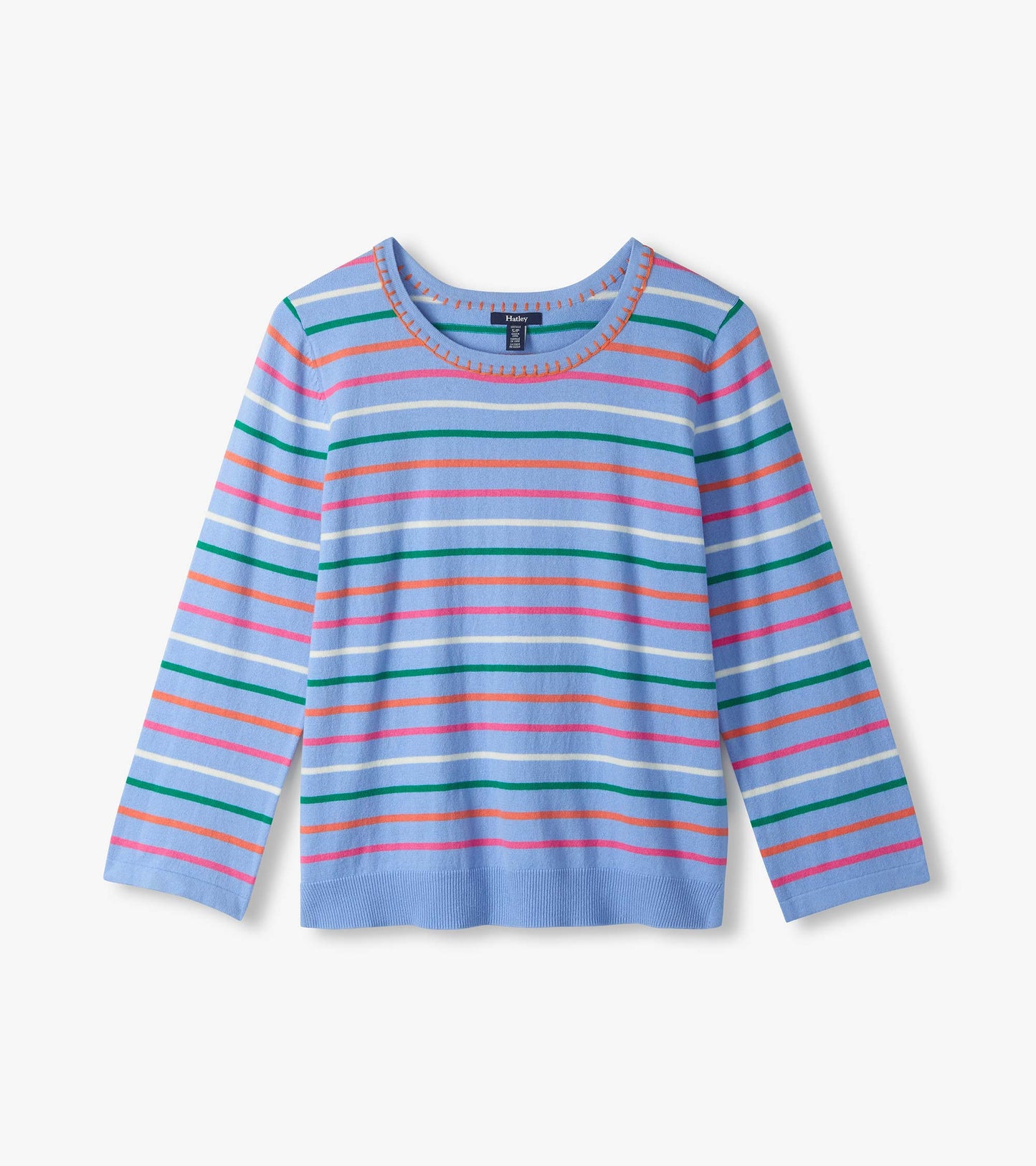 Light blue knit top with multicolor horizontal stripes, 3/4 sleeves, and a round neckline, front view