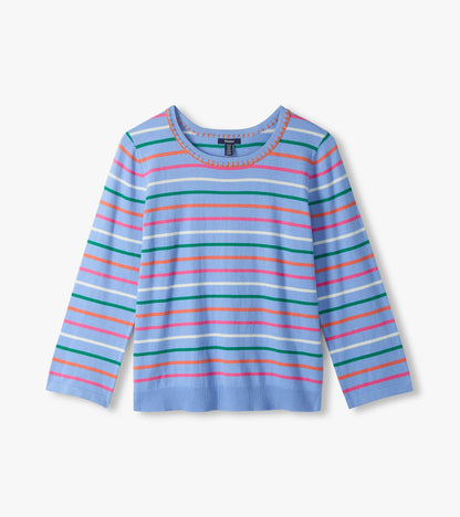 Light blue knit top with multicolor horizontal stripes, 3/4 sleeves, and a round neckline, front view