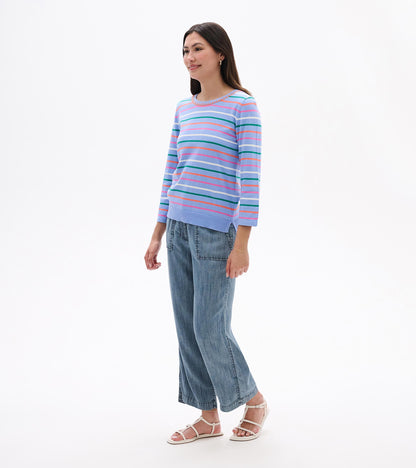 Front view of a light blue knit top with multicolor horizontal stripes and 3/4 sleeves