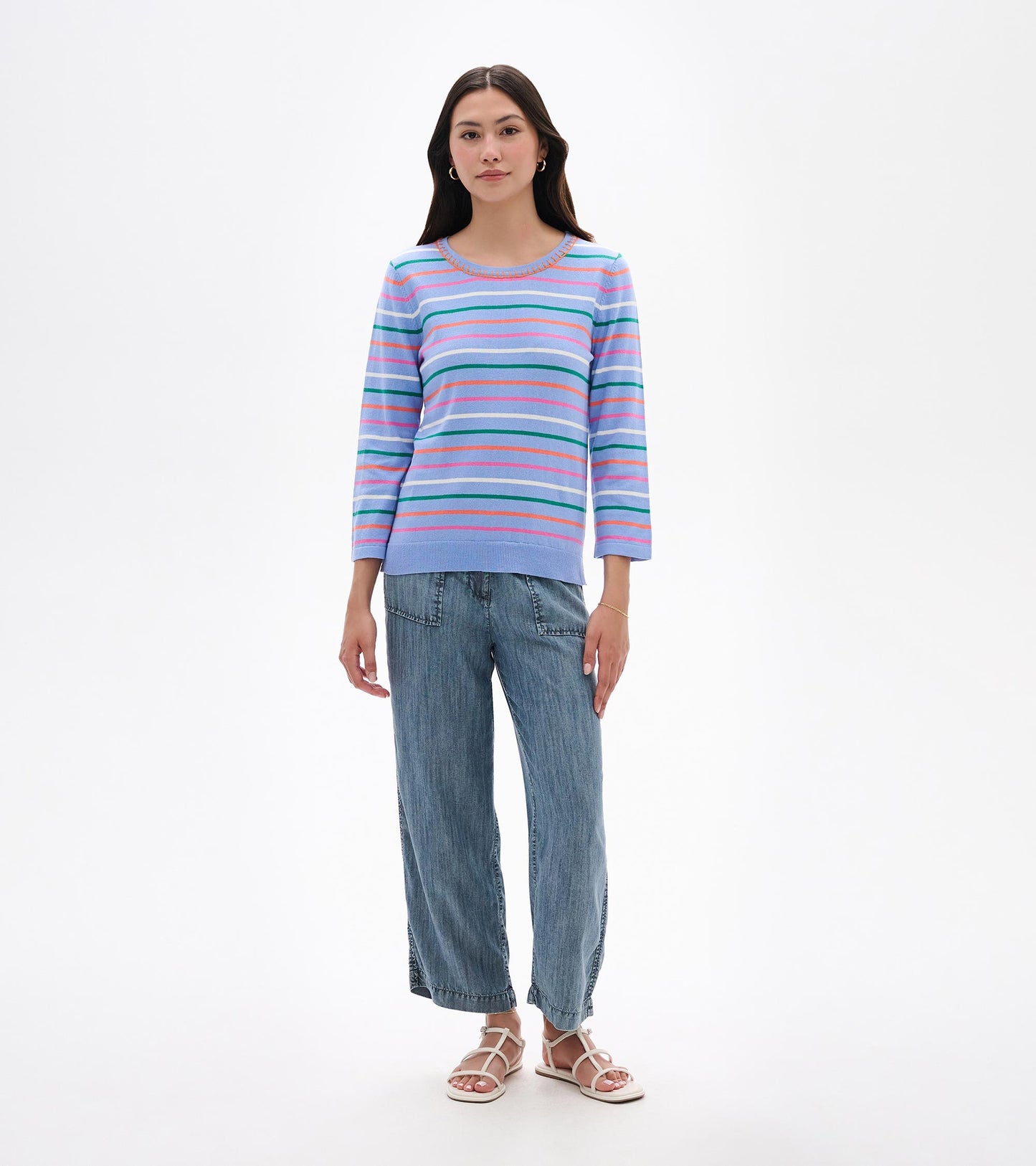 Front view of a light blue knit top with multicolor horizontal stripes and 3/4 sleeves