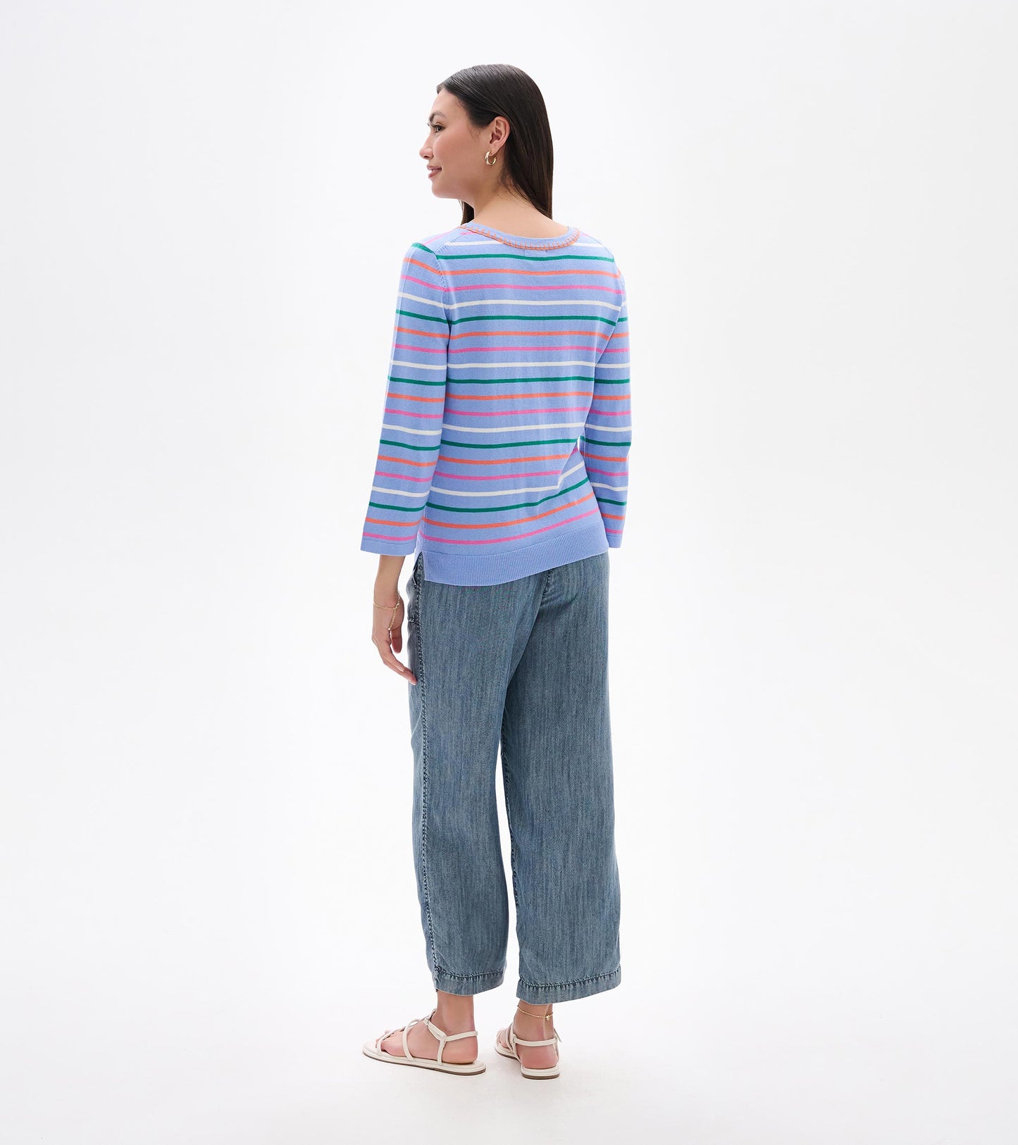 Back view of a light blue knit top with multicolor horizontal stripes and 3/4 sleeves