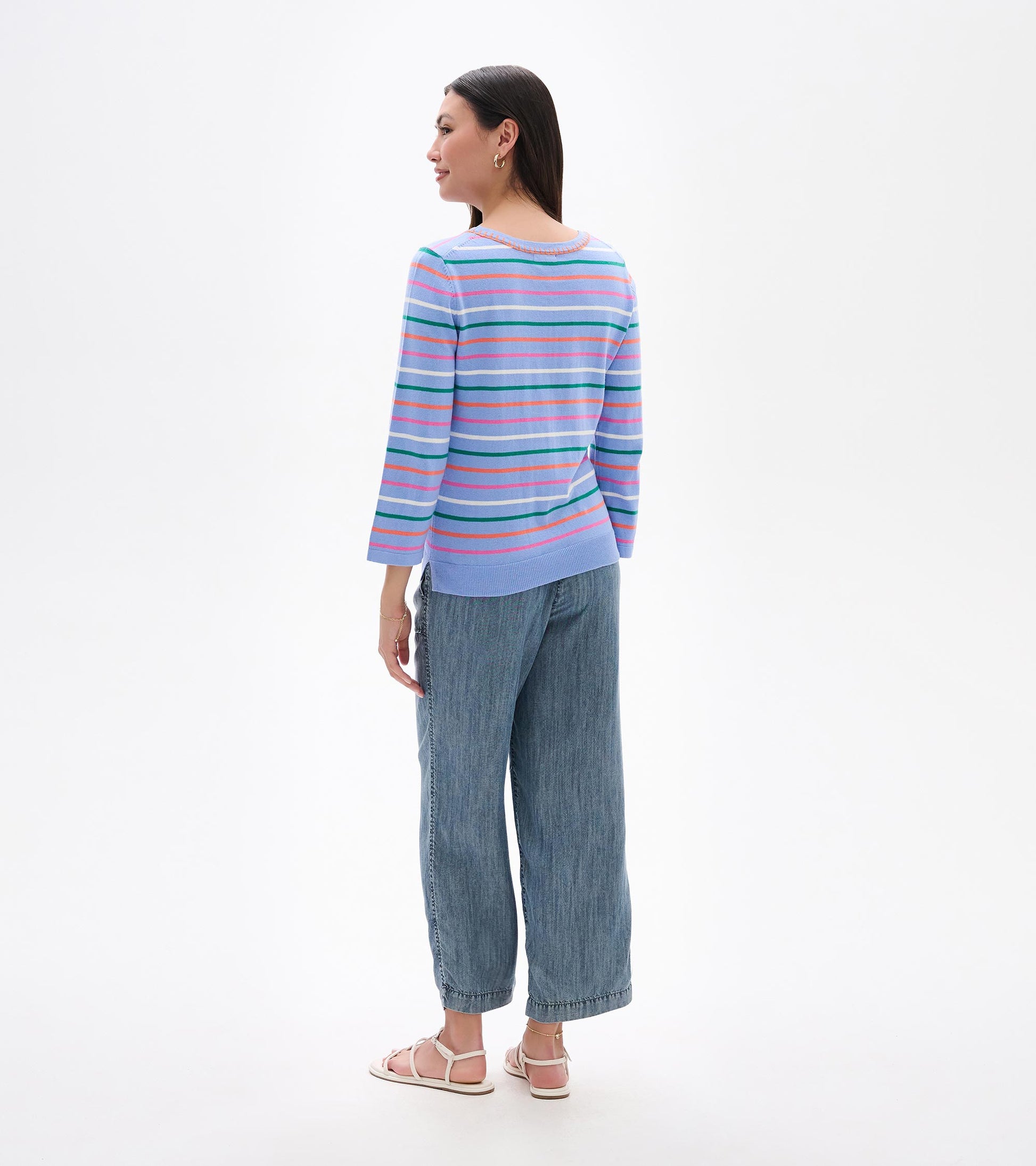 Back view of a light blue knit top with multicolor horizontal stripes and 3/4 sleeves