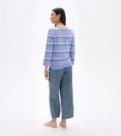 Back view of a light blue knit top with multicolor horizontal stripes and 3/4 sleeves