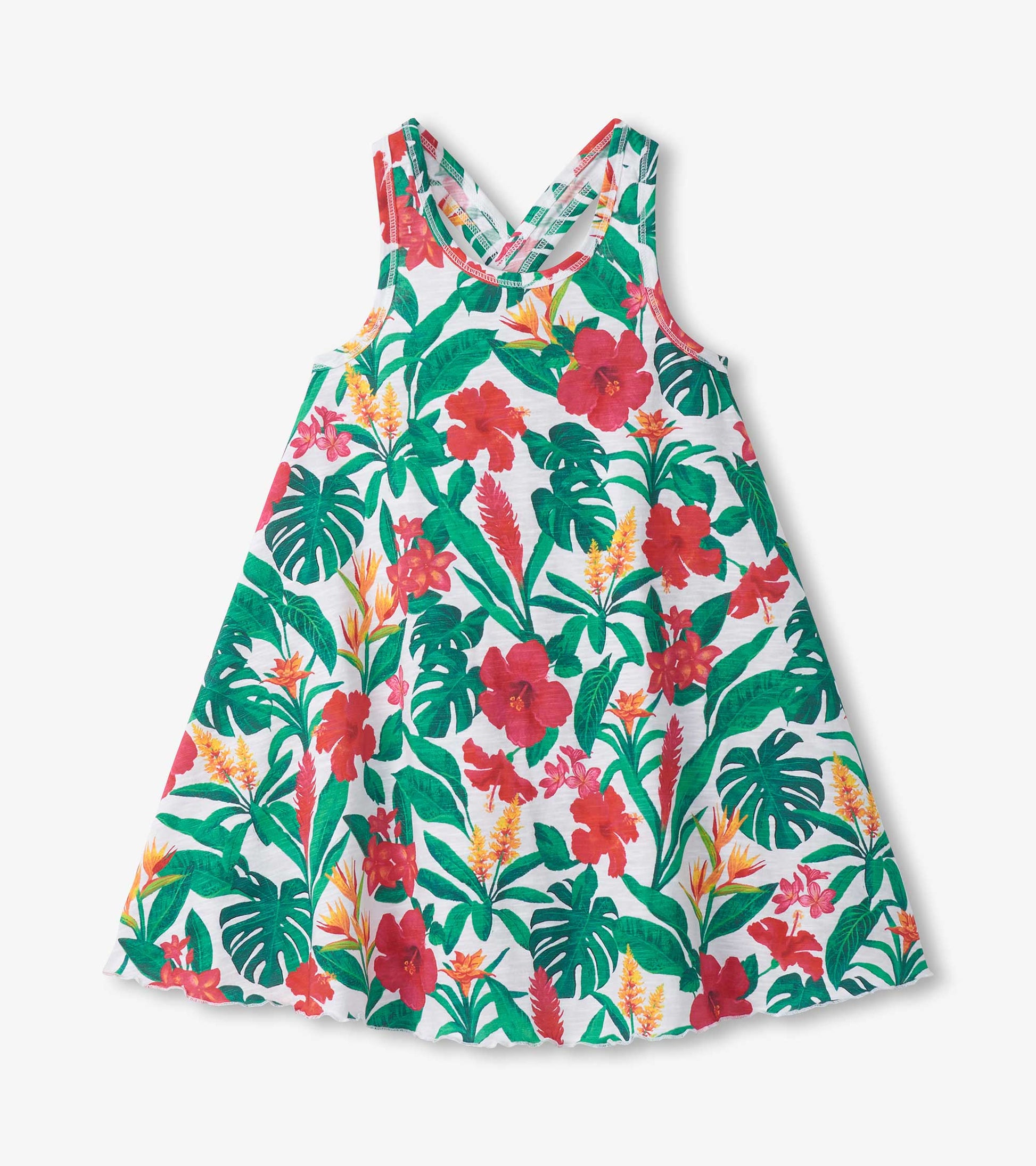 Girls white trapeze dress with green, red, and yellow tropical floral print and scoop neckline