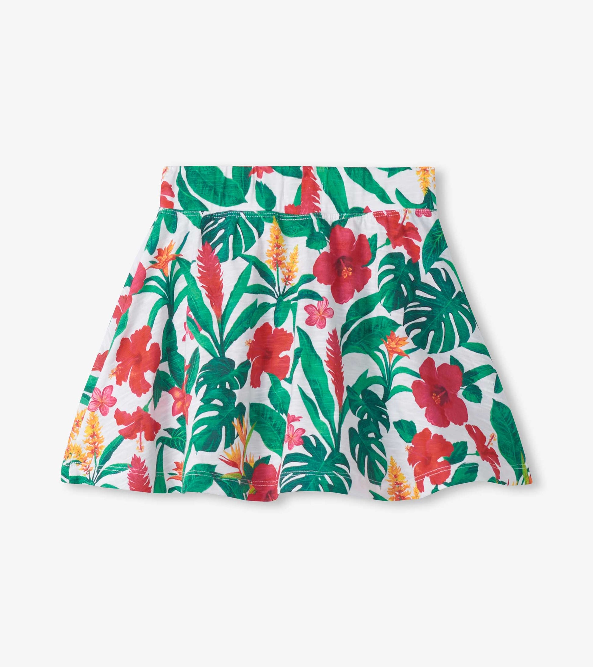 Girls white skort with colorful tropical floral and leaf print, front view
