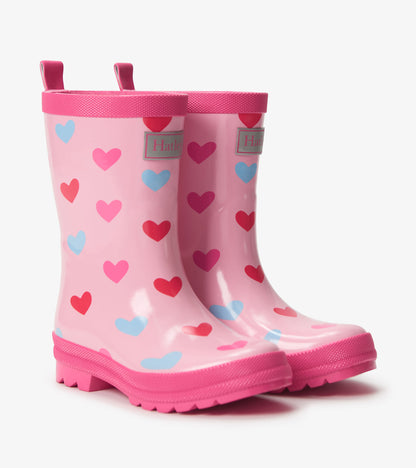 Girls Pink Hearts Shiny Rain Boot
