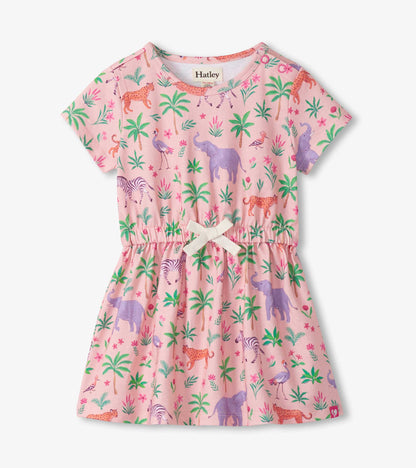 Pink short-sleeve dress with safari animal and palm tree print, elastic waist and bow detail, front view