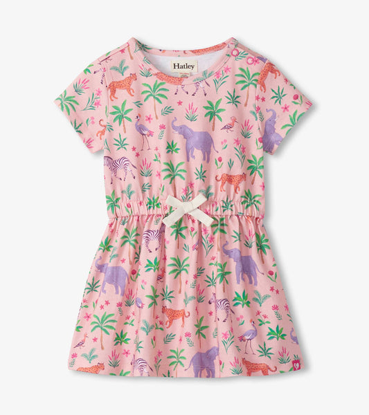 Pink short-sleeve dress with safari animal and palm tree print, elastic waist and bow detail, front view