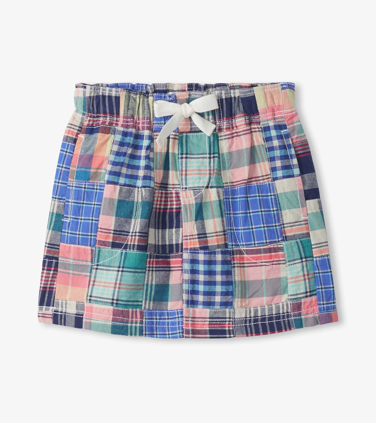 Girls multicolor madras plaid woven skirt with elastic waist and white bow, front view