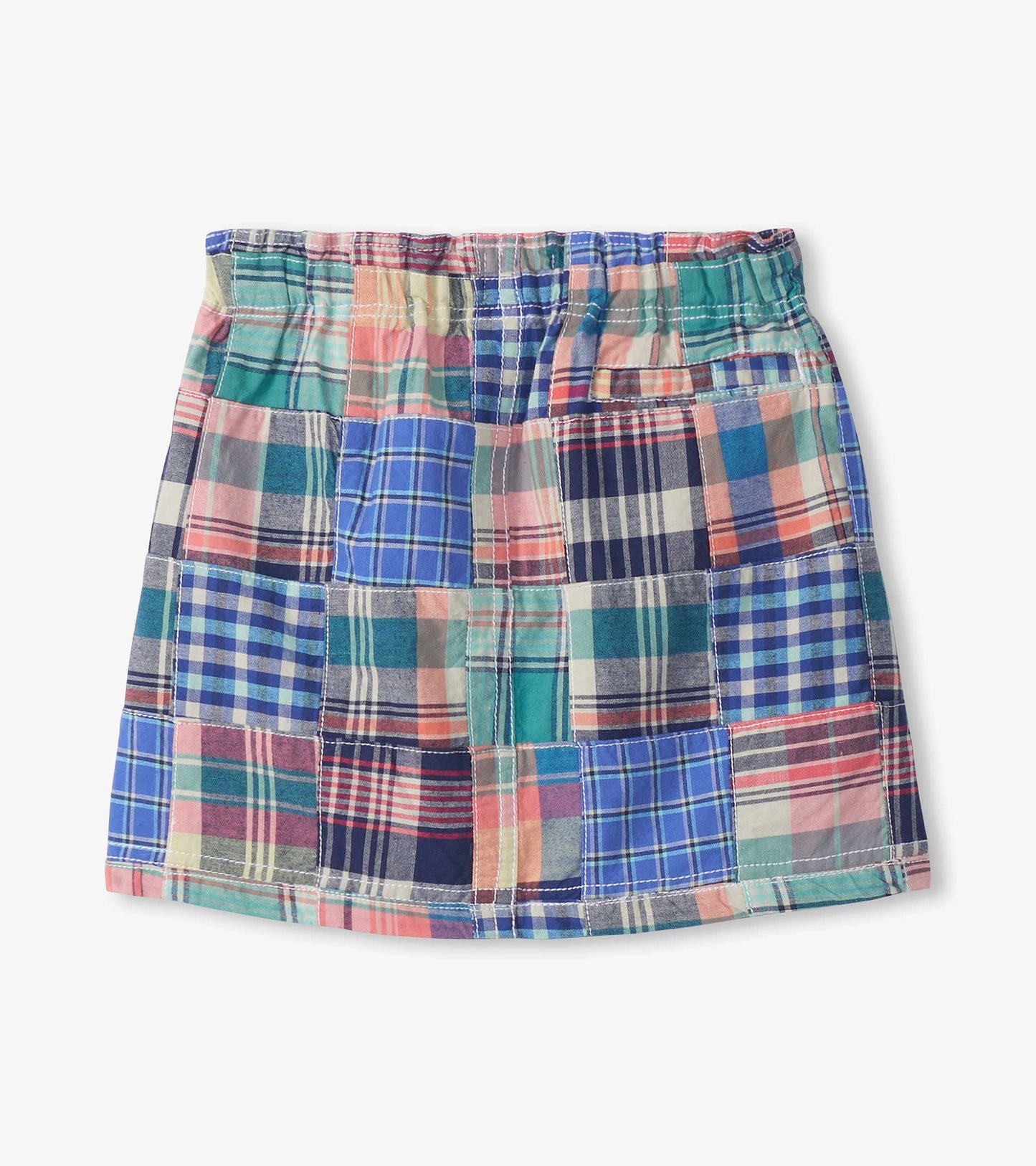 Girls multicolor patchwork plaid woven skirt with elastic waistband, front view