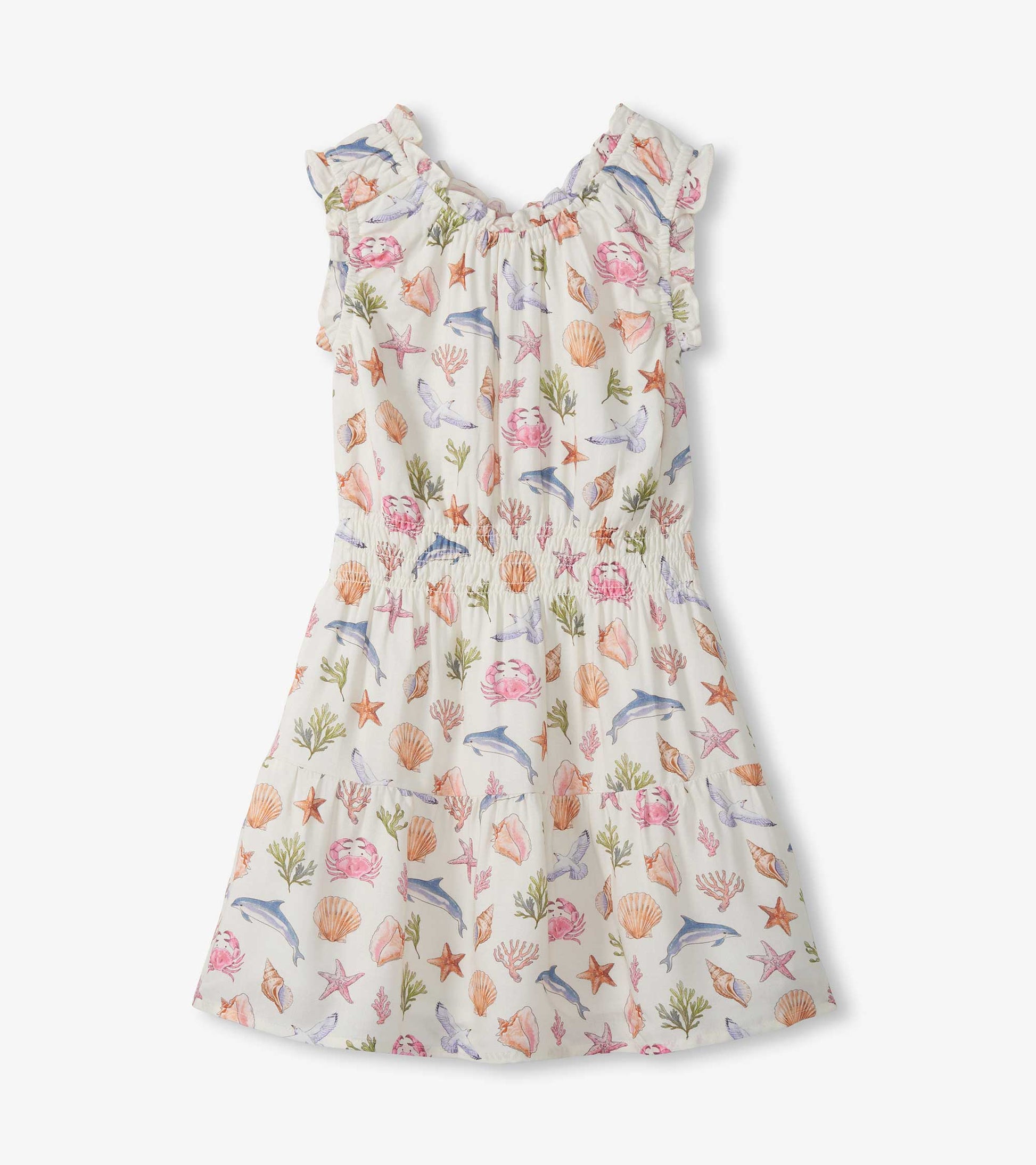 Girls cream gathered dress with sea life print, ruffled sleeves and flared skirt, front view