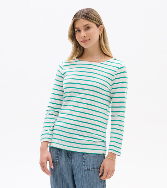 White long-sleeve top with teal horizontal stripes and boat neckline, shown on a model front view.