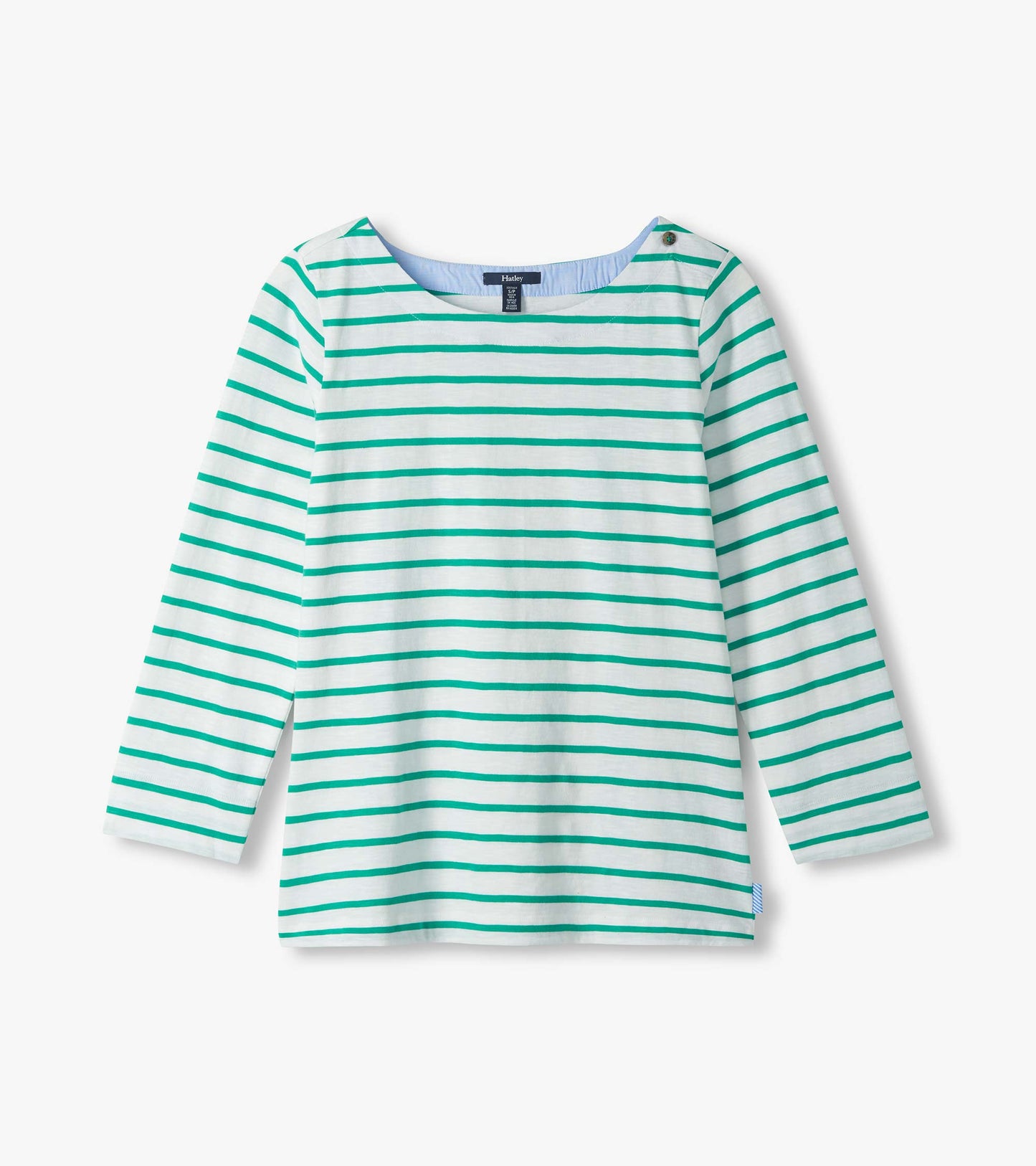 White long-sleeve top with teal horizontal stripes, boat neckline, and button shoulder detail, front view