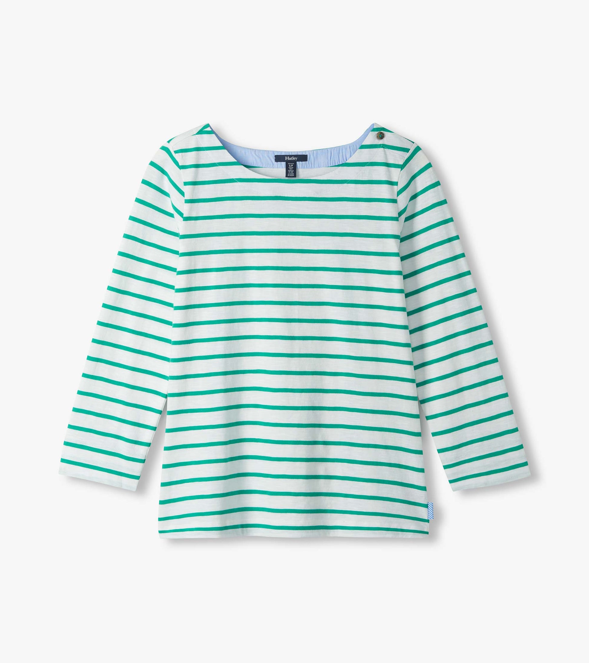 White long-sleeve top with teal horizontal stripes, boat neckline, and button shoulder detail, front view