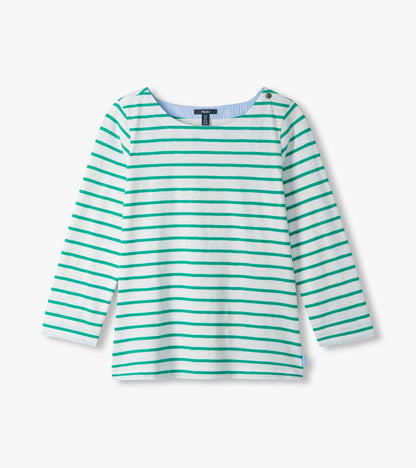 White long-sleeve top with teal horizontal stripes, boat neckline, and button shoulder detail, front view