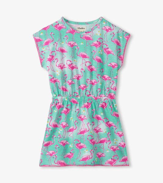 Girls aqua dress with pink flamingo print and cinched waist, short sleeves, front view