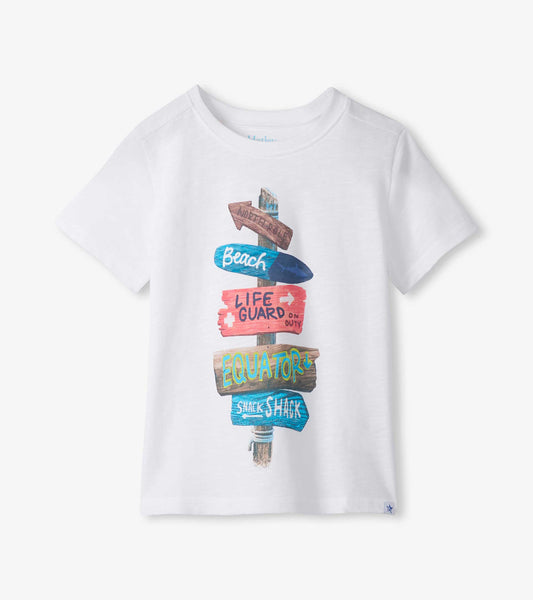White short-sleeve kids T-shirt with colorful beach signpost graphic, front view