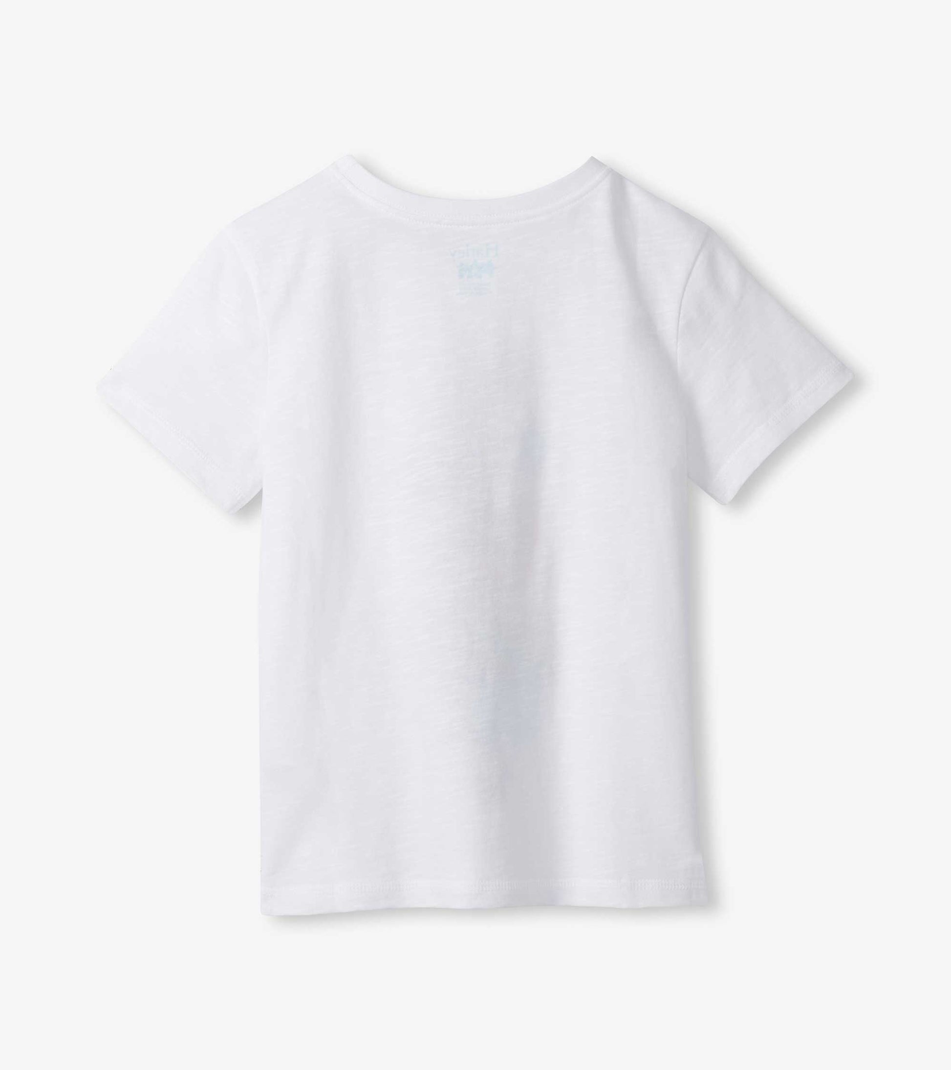 White short-sleeve crewneck T-shirt with a small chest graphic, front view