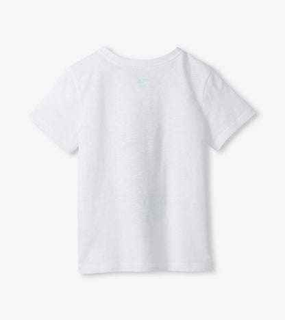 White short-sleeve crewneck T-shirt with a small chest graphic, front view