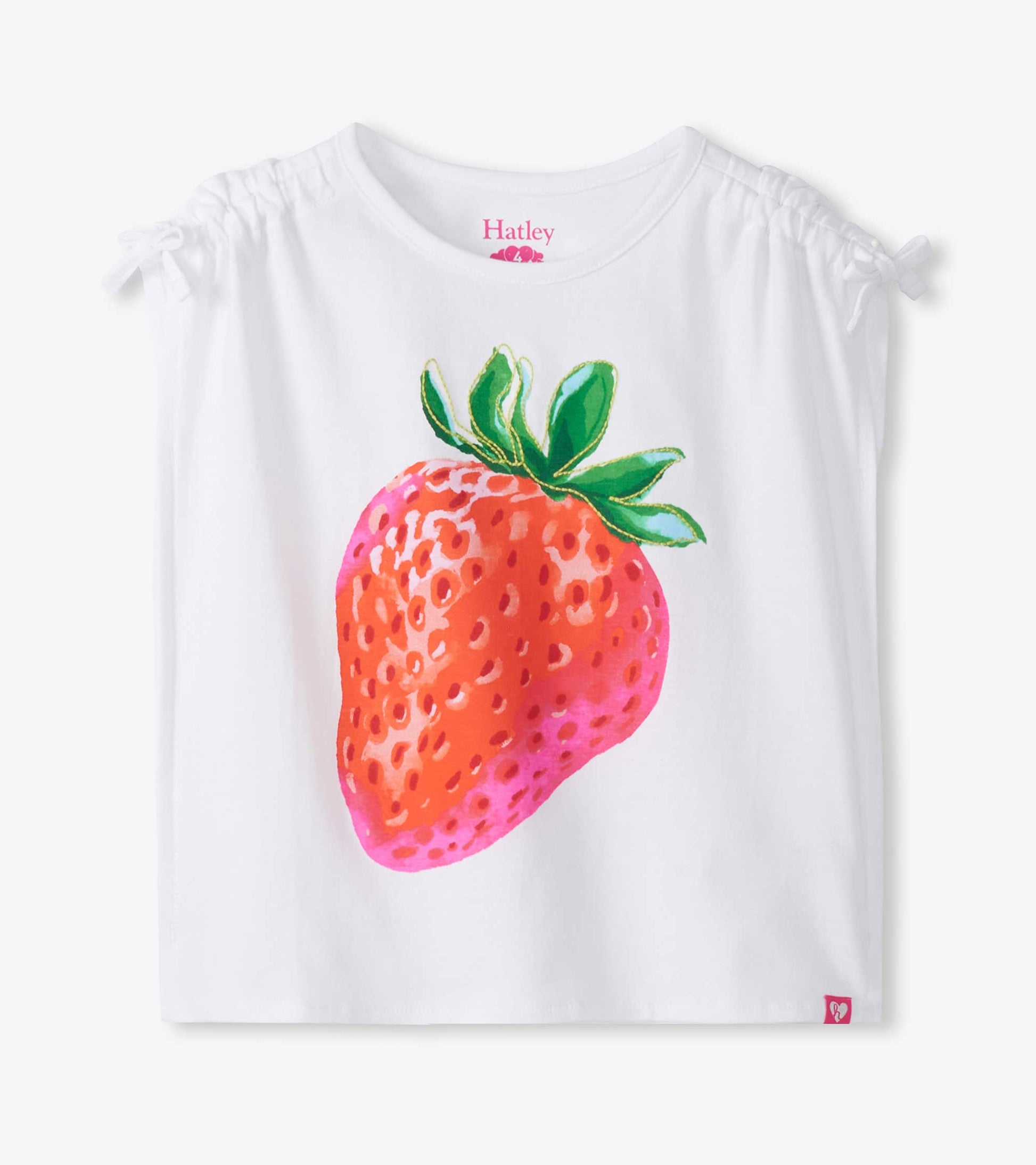 White girls top with cinched shoulder ties and large pink strawberry graphic on the front