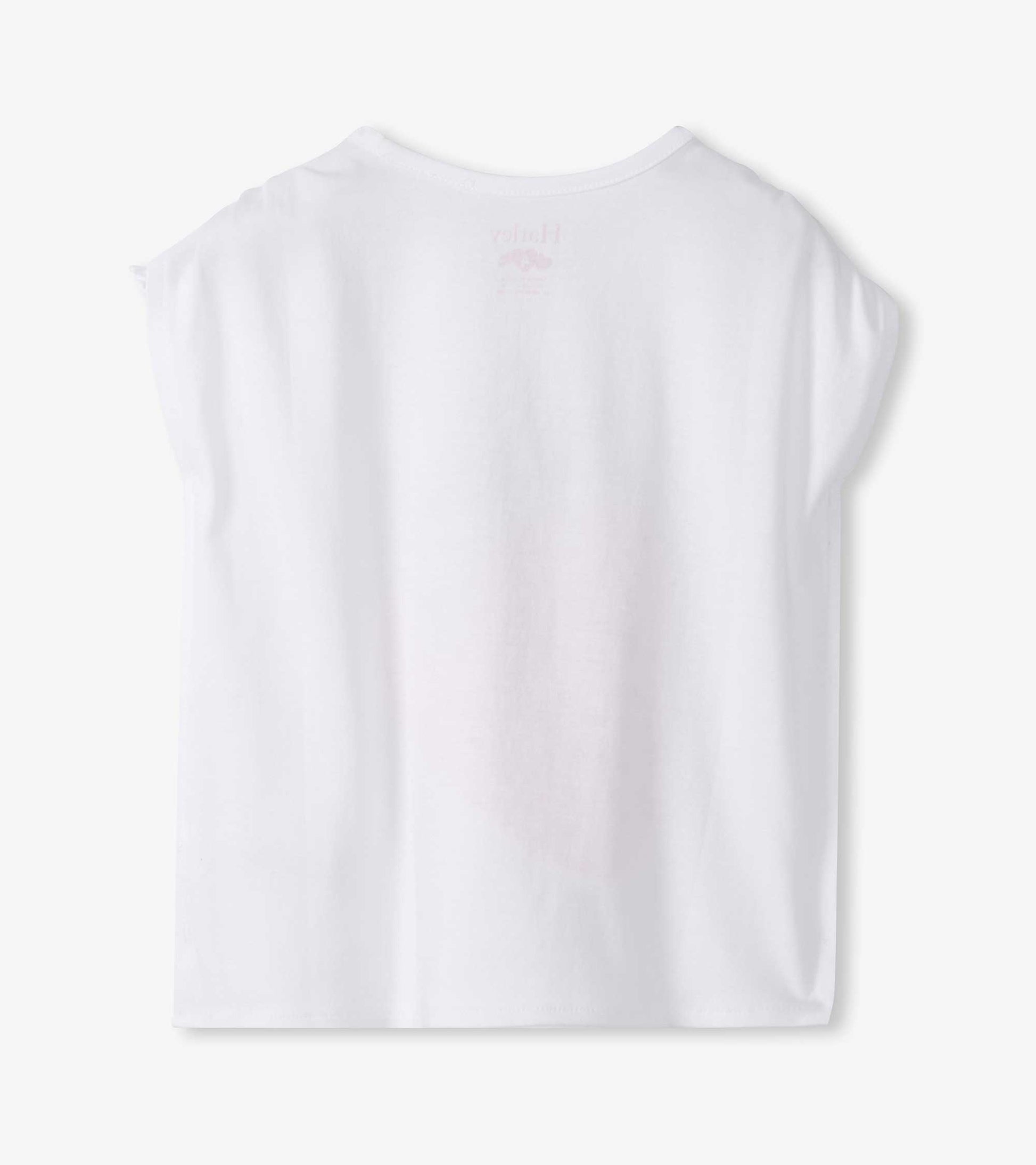 White short-sleeve girls top with cinched shoulders, shown from the back