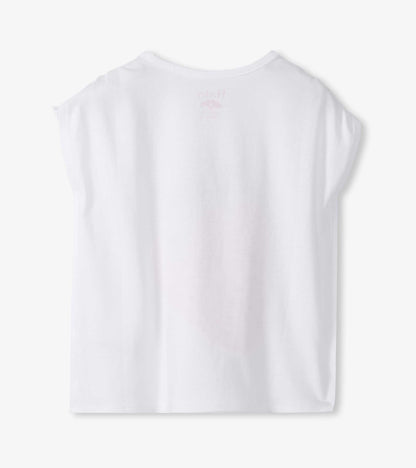 White short-sleeve girls top with cinched shoulders, shown from the back