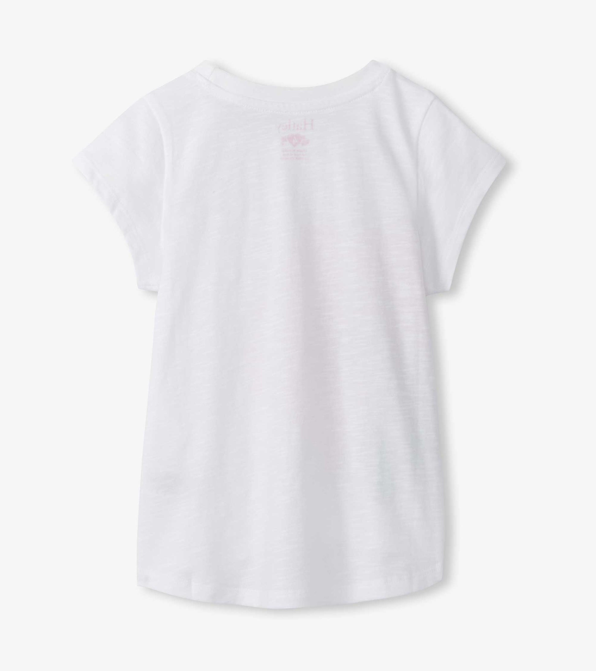 White girls short-sleeve T-shirt with round neck and small pink hibiscus graphic on back, front view