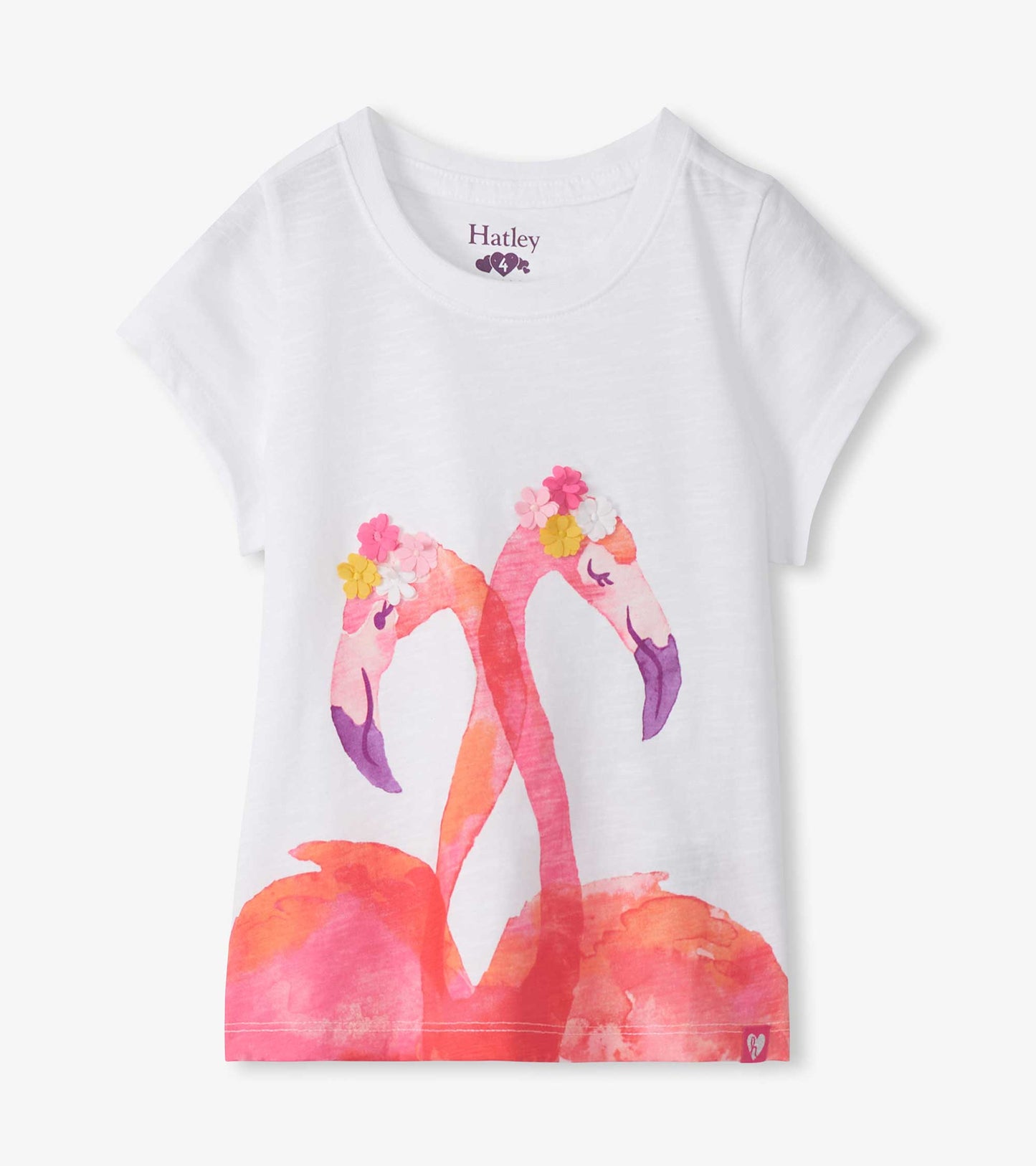 White short-sleeve girls' tee with two pink flamingos and floral graphic on the front