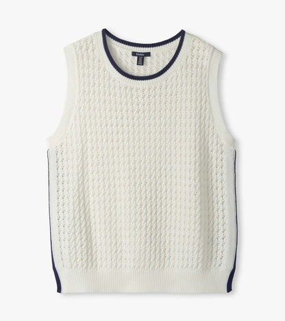 White knit sleeveless tank top with openwork texture and navy trim at neckline and sides, front view