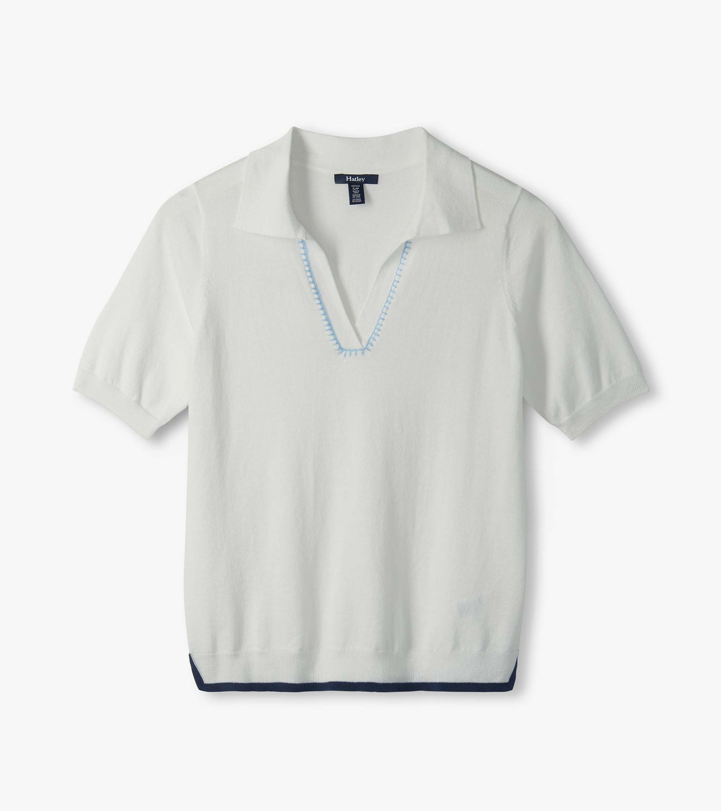 White short-sleeve collared top with V-neck and light blue trim, front view