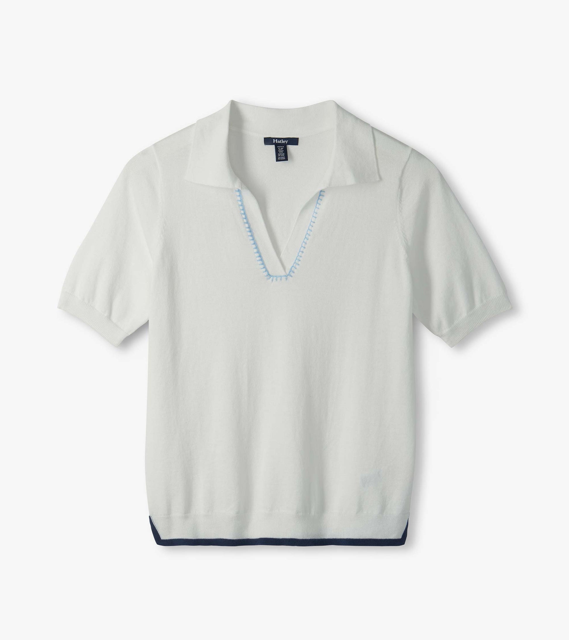 White short-sleeve collared top with V-neck and light blue trim, front view
