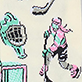Illustrated figure in pink and teal outfit with abstract objects on a white background