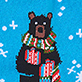Cartoon black dog in a red striped sweater holding wrapped gifts on a blue background with white snowflakes
