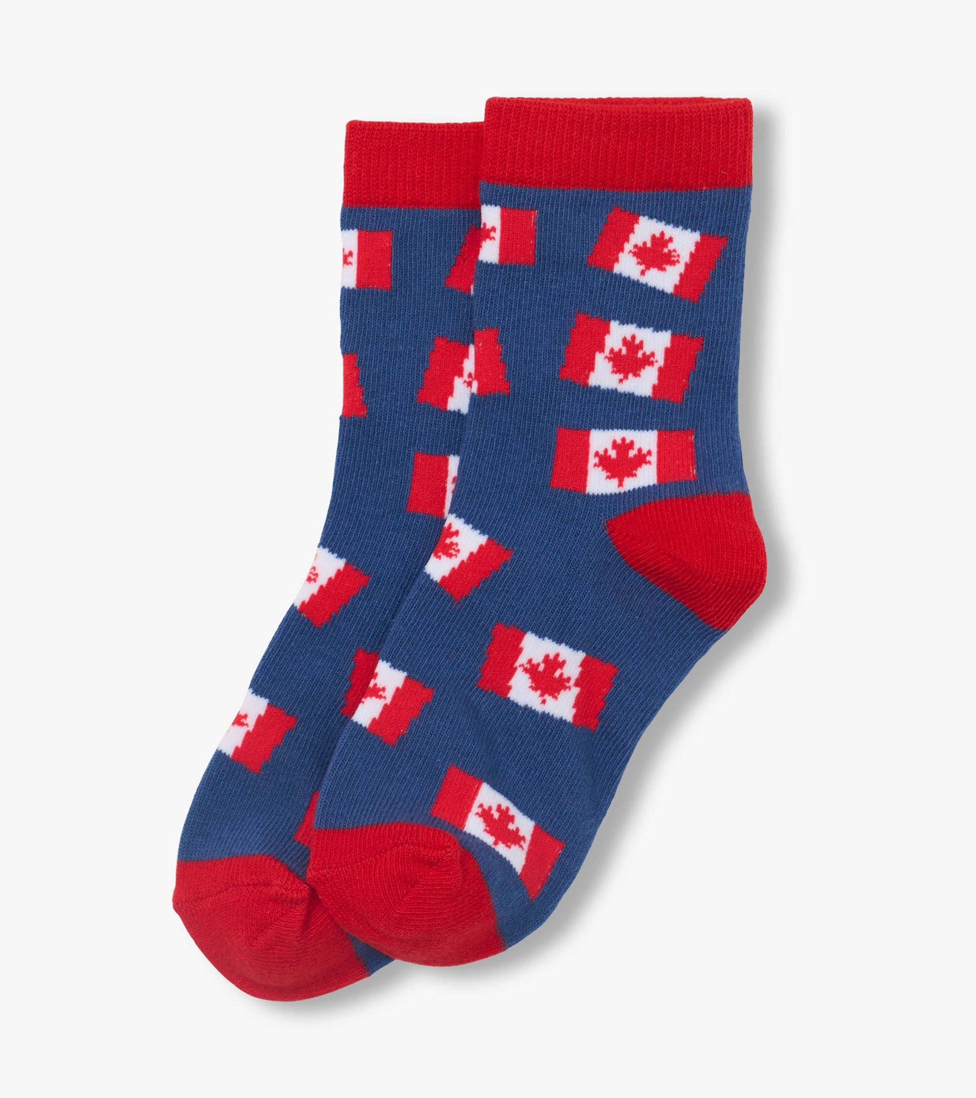 Blue crew socks with red cuffs, heels and toes, patterned with small Canadian flags.