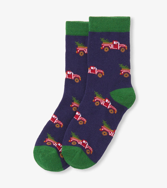 Boys Red Truck Hauling a Tree Crew Socks
