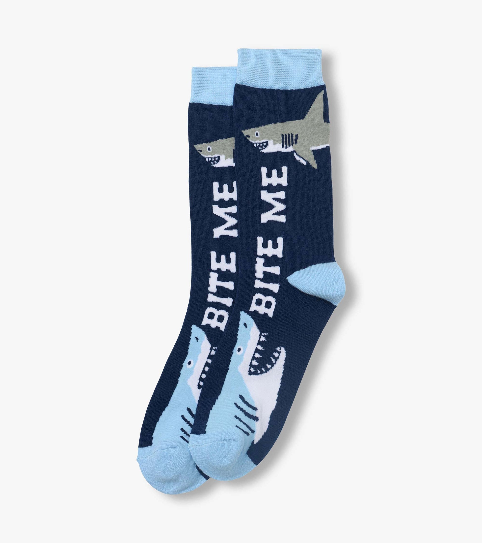 Navy and light blue crew socks with shark graphics and “BITE ME” text, shown pair folded together.